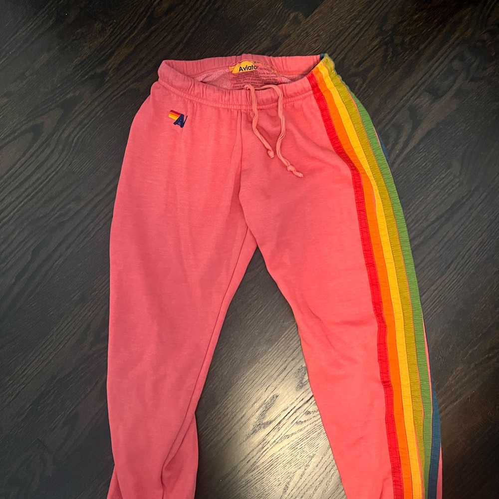 Aviator Nation Pink Joggers with Rainbow Stripe